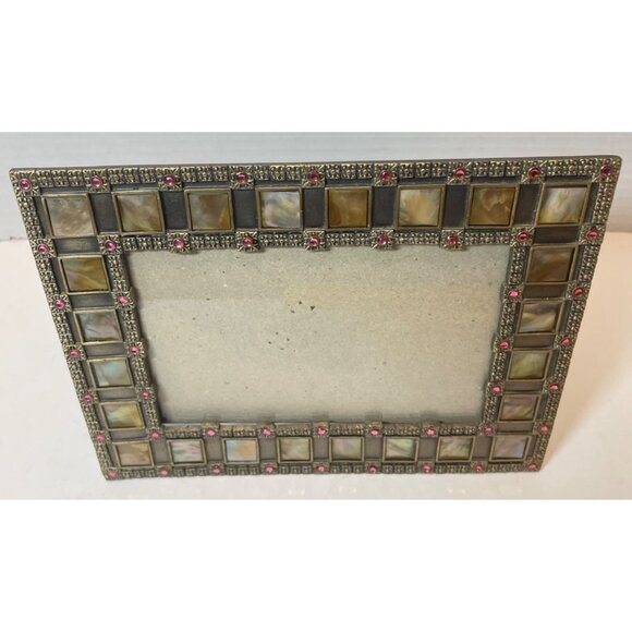 Antique-Style Gold Metal & Mother of Pearl Picture Frame with Pink Gem Accents 6 - Picture 2 of 9